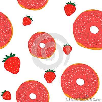 Seamless pattern red donuts with strawberries vector food illustration. Stock Photo